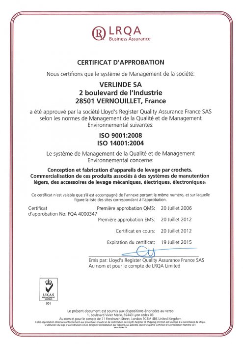 VERLINDE SA certified ISO 14001 – 2004